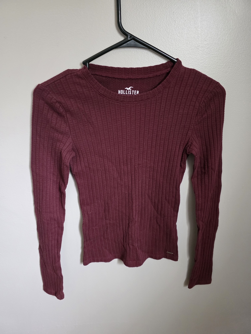 Hollister Ribbed Long Sleeve Top Burgundy Fitted Stretch